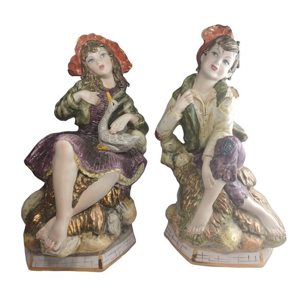 Antique Vtg Italian Girl Boy Victorian Peasant Children Capodimonte BENACCHIO 2 - Picture 2 of 16